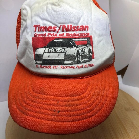 Vtg 1985 Times Nissan Grand Prix of Endurance Snapback Trucker Hat Orange White - Picture 2 of 10